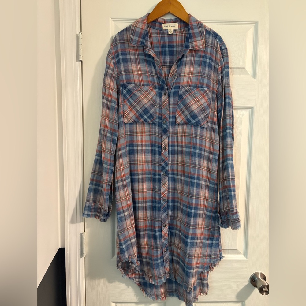 Cloth & Stone Plaid Flannel Shirt Dress in Blue and Red